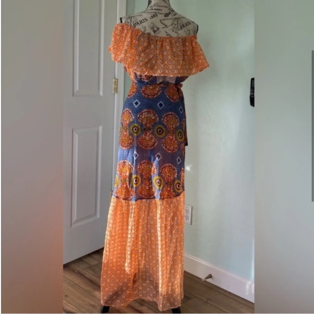 Blue and Orange Maxi Wrap Skirt set with matching Cropped Blouse